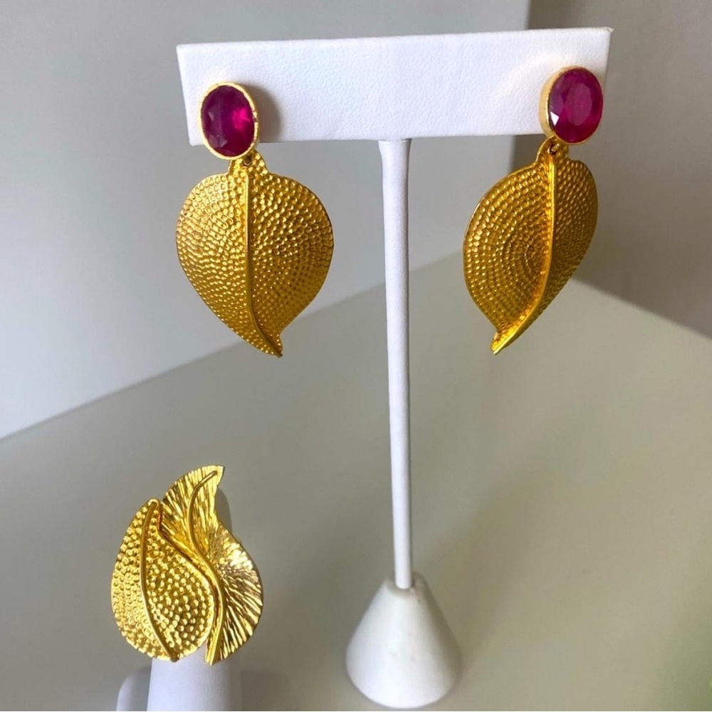 Gold and Pink Leaf Earrings
